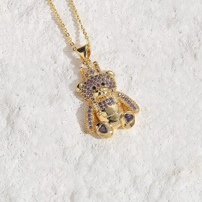 Cute Classic Style Bear Copper Plating Inlay Zircon 14K Gold Plated Pendant Necklace