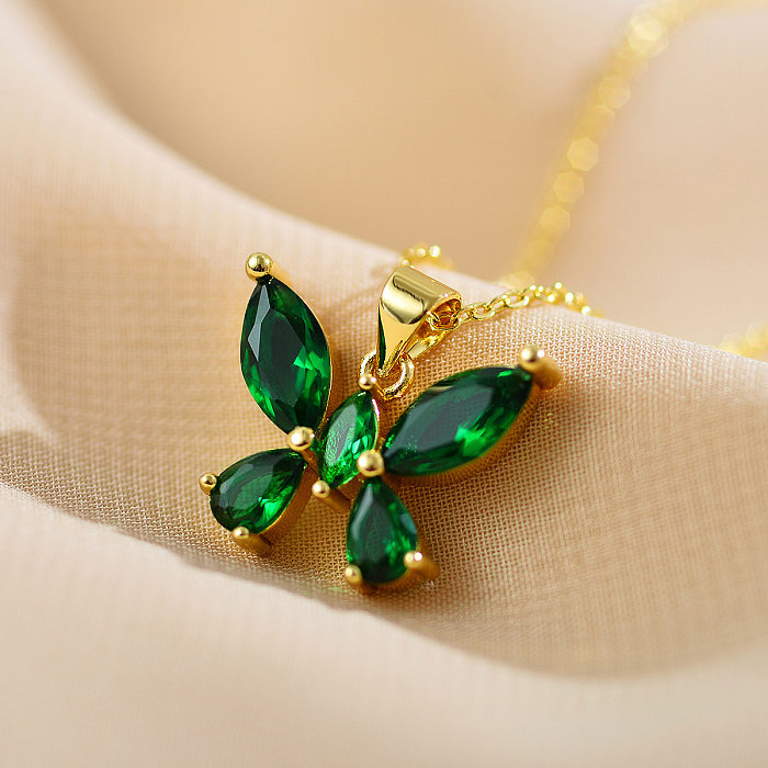Elegante, schlichte Halskette mit Schmetterlings-Kupfer-Inlay und Zirkon-vergoldetem Anhänger