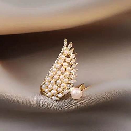 Elegant Exaggerated Wings Copper Plating Inlay Artificial Pearls Zircon 14K Gold Plated Open Ring