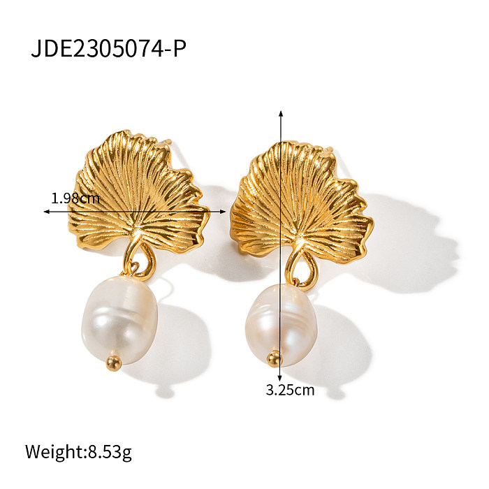 Elegante Retro-Ohrring-Halskette mit Ginkgo-Blatt-Edelstahl-Imitat-Perlenbeschichtung und 18-Karat-Vergoldung