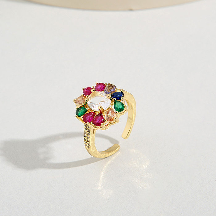 1 peça de anel aberto de zircão com incrustações de cobre de flor de estilo simples