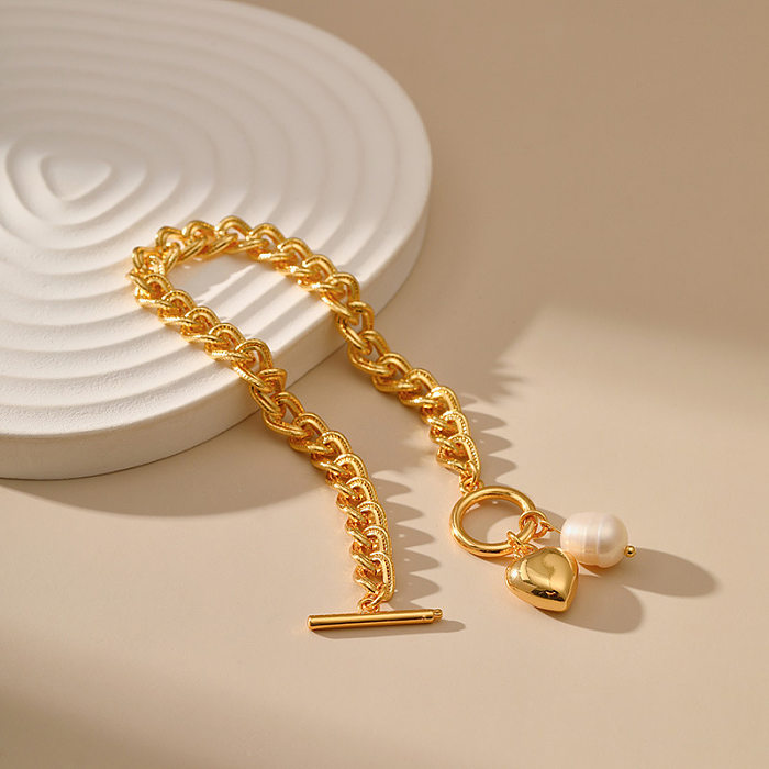 Elegant Lady Water Droplets Heart Shape Imitation Pearl Brass Toggle Plating 18K Gold Plated Bracelets