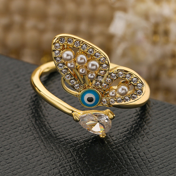 1 pièce mode papillon cuivre placage incrustation perle Zircon anneau ouvert