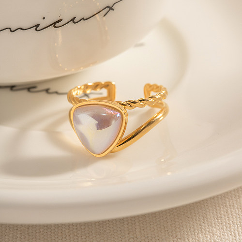 INS-Stil, einfacher Stil, dreieckiger offener Ring mit Edelstahlbeschichtung, Intarsienperle, 18 Karat vergoldet