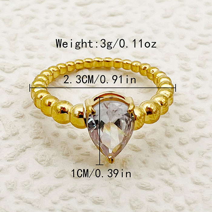 Estilo simples romântico estilo romano gotas de água chapeamento de aço inoxidável incrustação zircão anéis banhados a ouro