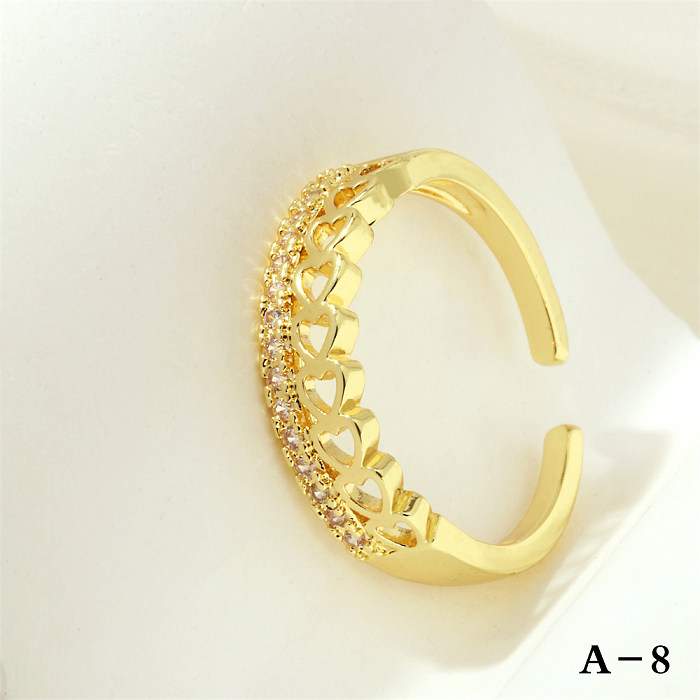 Luxurious Letter Heart Shape Copper Plating Inlay Zircon 18K Gold Plated Open Rings