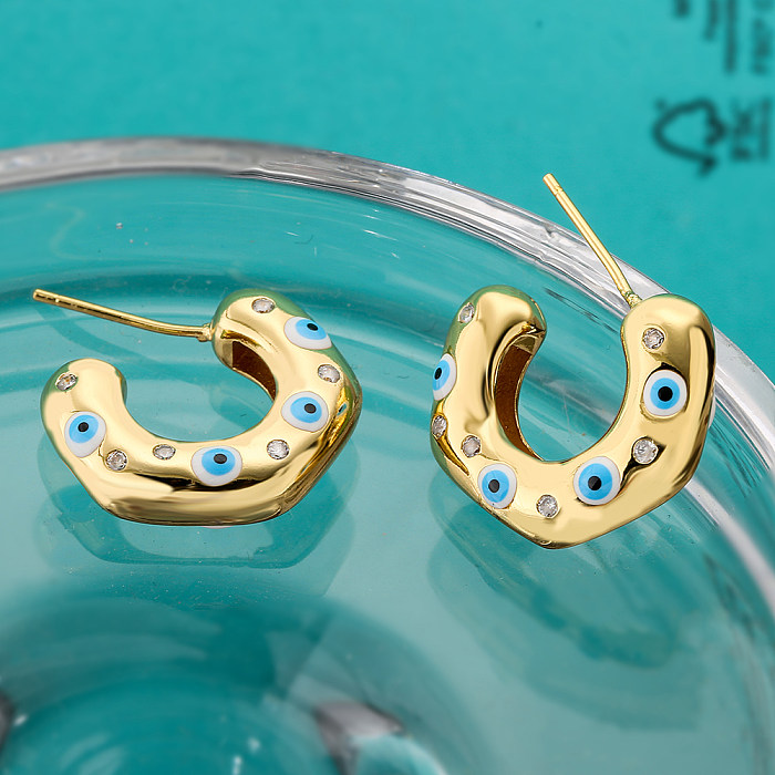 1 Pair Fashion C Shape Devil'S Eye Copper Enamel Inlay Zircon Ear Studs