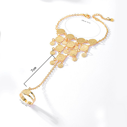 Jóias étnicas retrô moda com banho de cobre moedas de ouro 18k pulseira anel corrente integrada