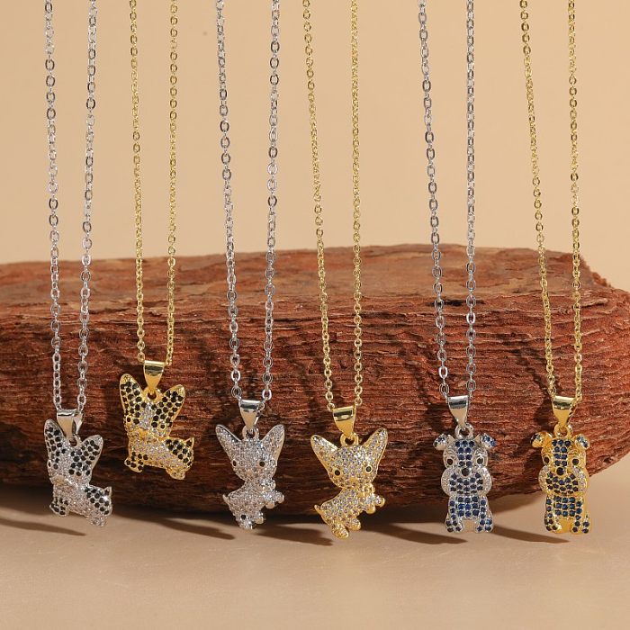 Cute Commute Animal Dog Copper Plating Hollow Out Inlay Zircon 14K Gold Plated White Gold Plated Pendant Necklace