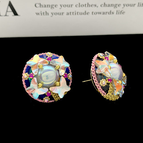 1 Paar Ohrstecker im Vintage-Stil, süßer Farbblock, Stern-Inlay, Kupfer, künstlicher Kristall, künstliche Perlen