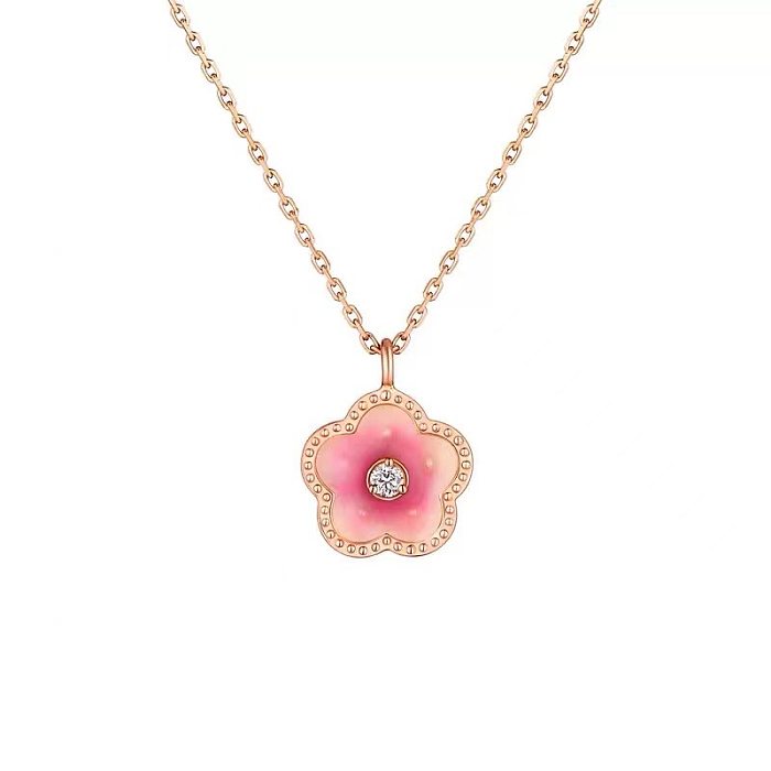 Sweet Flower Copper Enamel Plating Inlay Zircon Gold Plated Pendant Necklace