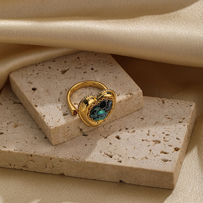 Schlichter Stil, herzförmige offene Ringe mit Kupferbeschichtung und Einlegeschale, 18 Karat vergoldet