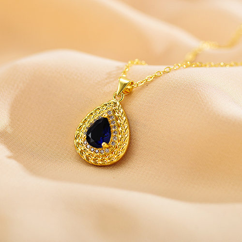 Retro Oval Water Droplets Titanium Steel Copper Inlay Zircon Gold Plated Pendant Necklace