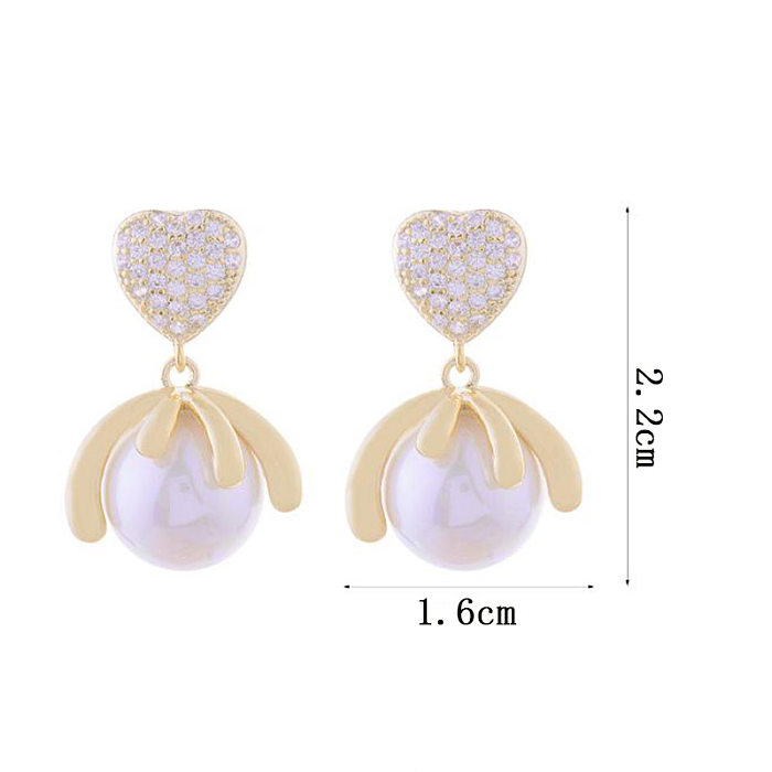 1 paire de boucles d'oreilles élégantes en forme de cœur, incrustation d'imitation de perle en cuivre et Zircon plaqué or 14 carats