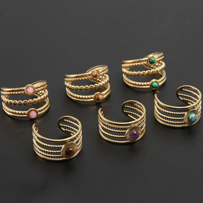 Baroque Style Modern Style Round Stainless Steel Gold Plated Natural Stone Open Ring In Bulk