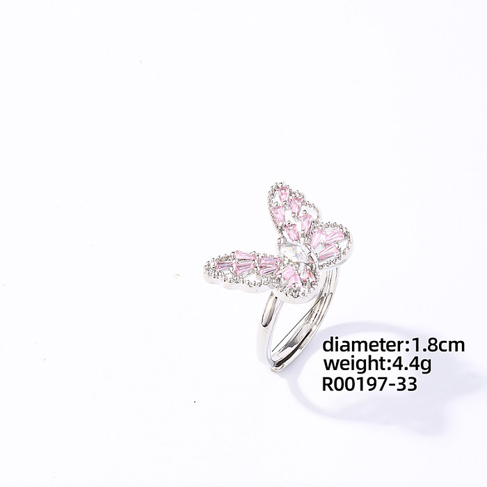 Casual Sweet Butterfly Copper Plating Inlay Zircon White Gold Plated Open Rings
