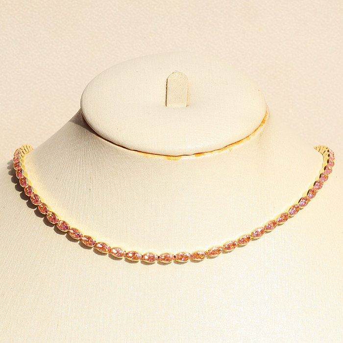 Einfacher Stil, runde Kupfer-Inlay-Zirkon-Armbänder für Damen, Ohrringe, Halskette