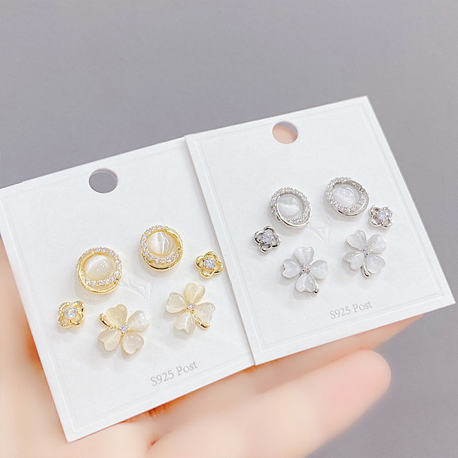 Fashion Flower Copper Ear Studs Plating Inlay Zircon Copper Earrings 3 Pairs