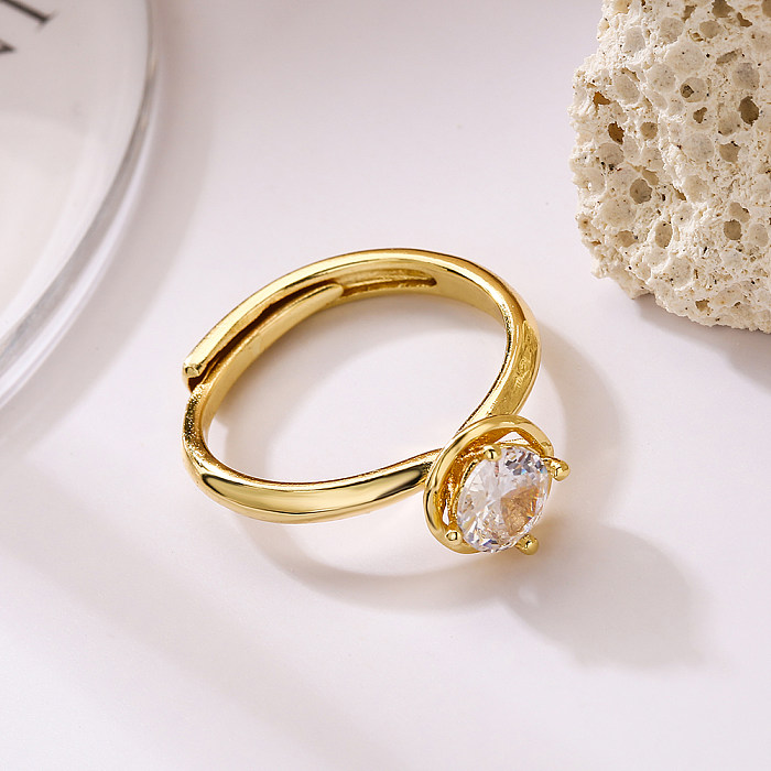 Simple Style Commute Solid Color Copper Plating Inlay Zircon 18K Gold Plated Open Rings