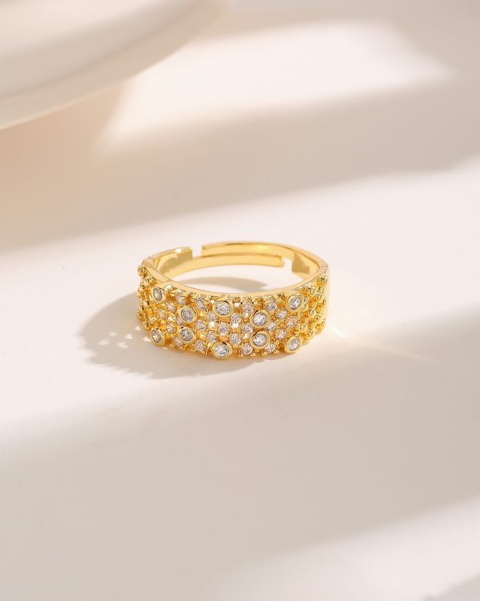 Estilo simples comute flor cobre criss cross chapeamento inlay zircon 18k anéis abertos banhados a ouro