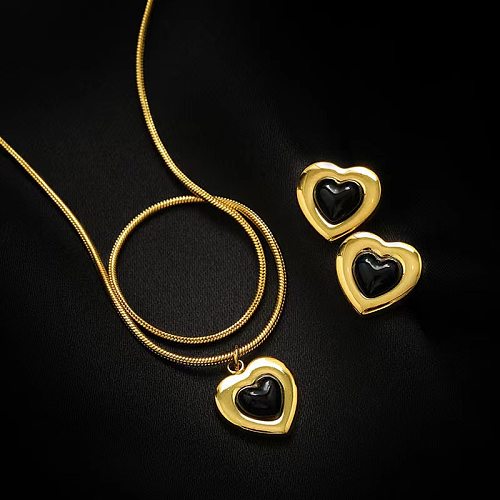 Collier de boucles d'oreilles plaqué or 18 carats en acier titane en forme de cœur pour dame