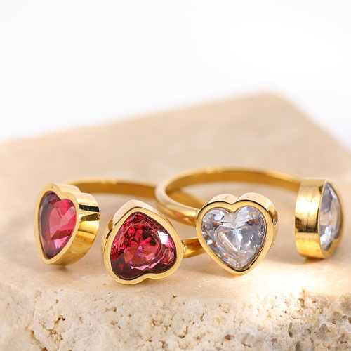 Cute Shiny Heart Shape Stainless Steel Plating Inlay Zircon 18K Gold Plated Open Ring