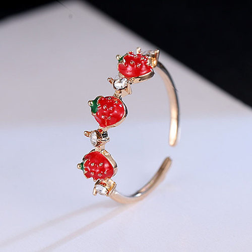 Anillo abierto de cobre con diamantes con incrustaciones de fresa roja de moda creativa