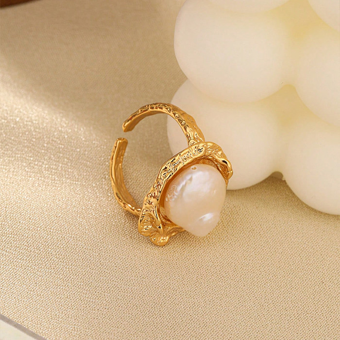 British Style Solid Color Copper Inlay Freshwater Pearl Open Rings