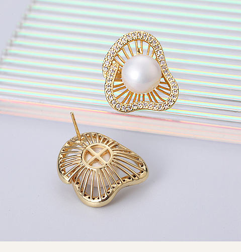 1 par de pendientes elegantes Retro geométricos con incrustaciones de perlas de cobre y circonita