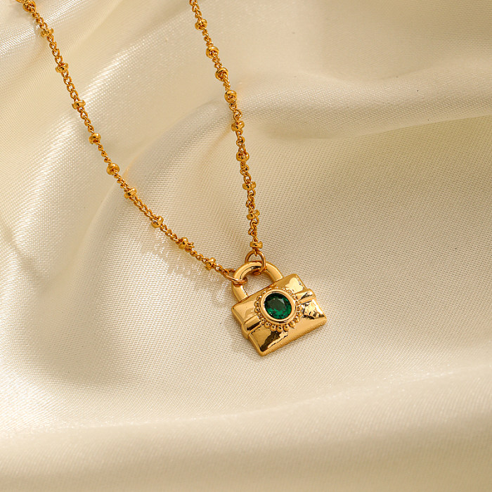 Collier pendentif rétro en plaqué or 18 carats avec serrure carrée et incrustation de coquillage en zircon