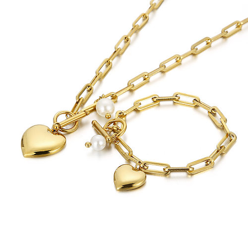 Fashion Stainless Steel Peach Heart OT Buckle Necklace Bracelet Set Wholesale jewelry