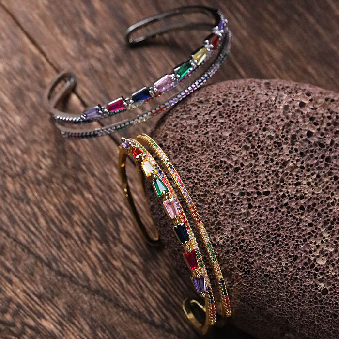 Glam Streetwear Colorful Copper Inlay Zircon Cuff Bracelets