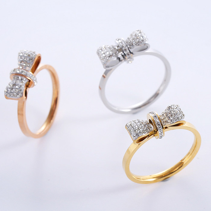 Princess Romantic Bow Knot Stainless Steel Plating Inlay Rhinestones 18K Gold Plated Rose Gold Plated Rings