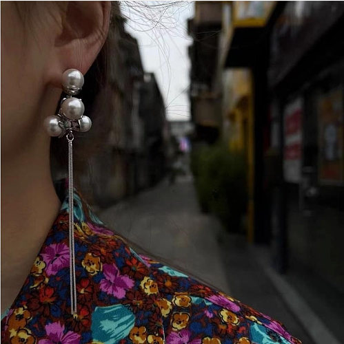 1 Pair Classic Style Streetwear Geometric Tassel Plating Imitation Pearl Copper Drop Earrings