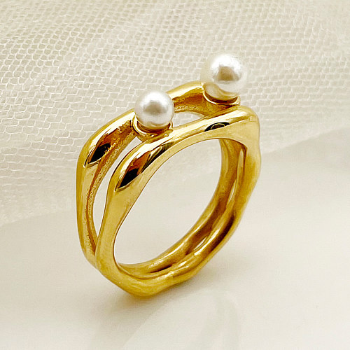 Simple Style Commute Round Stainless Steel Plating Inlay Artificial Pearls Gold Plated Rings