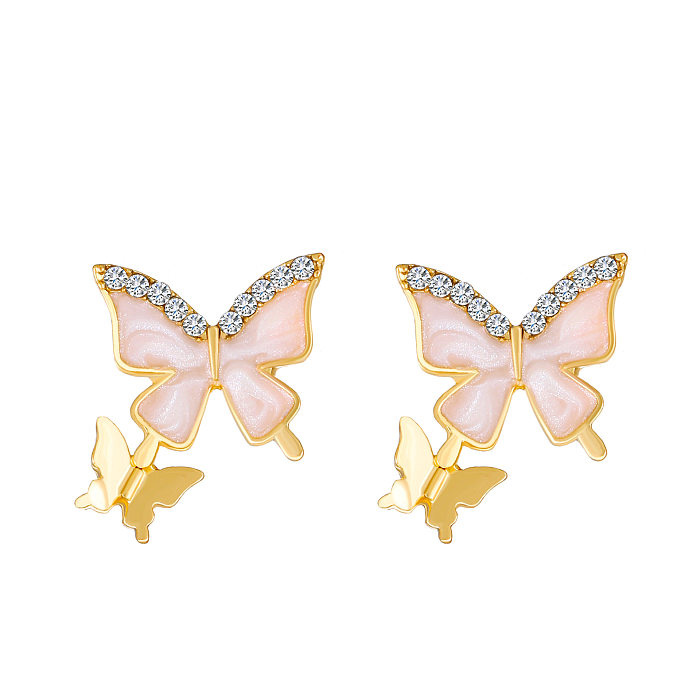 1 Pair INS Style Fairy Style Butterfly Copper Plating Inlay Shell Zircon 14K Gold Plated Drop Earrings