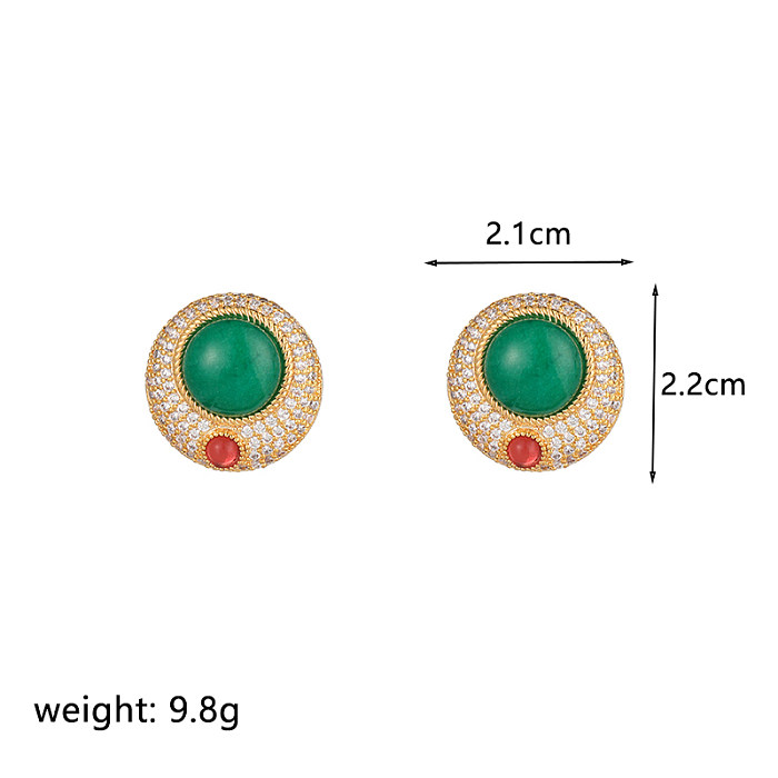 1 Pair Vintage Style Simple Style Round Plating Inlay Copper Turquoise Resin Zircon 18K Gold Plated Ear Studs