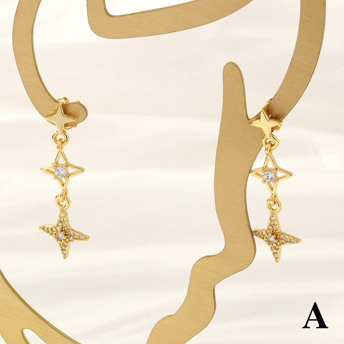 1 Paar lässige, schlichte Ohrringe mit Sternplattierung und Kupfer-Zirkon-Vergoldung, 18 Karat vergoldet
