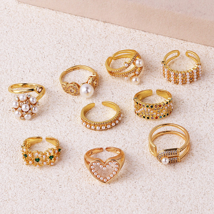 Elegant Vintage Style Circle Heart Shape Copper Plating Inlay Pearl Zircon Gold Plated Open Rings
