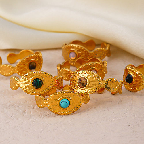 Lässiger, cooler Stil, runder offener Ring aus Edelstahl mit 18 Karat vergoldetem Naturstein, in großen Mengen