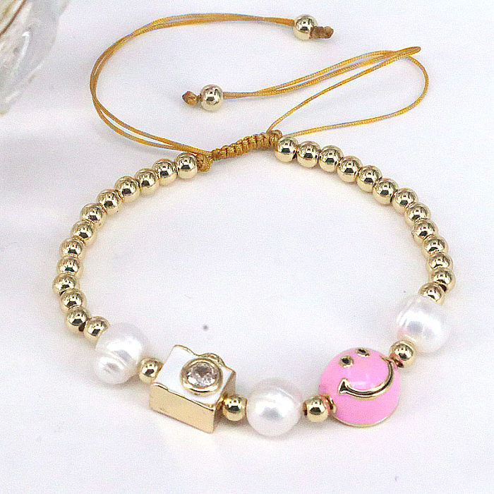 Cute Round Smiley Face Copper Enamel Pearl Inlay Zircon Bracelets 1 Piece