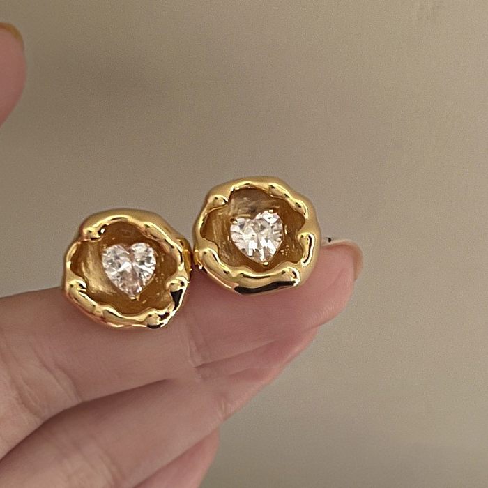 1 Pair Simple Style Heart Shape Plating Inlay Copper Artificial Gemstones Ear Studs