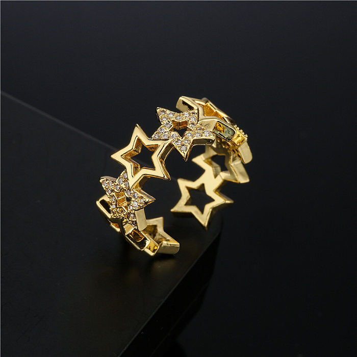 Anel de abertura microincrustado de cobre estrela de cinco pontas oco da moda