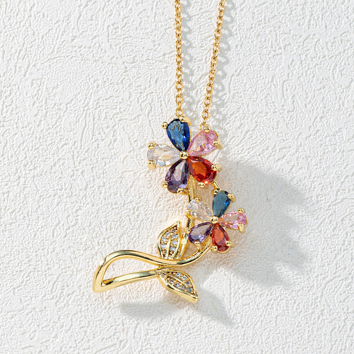 Mode-Blumen-Kupfer-vergoldete Zirkon-Anhänger-Halskette, 1 Stück
