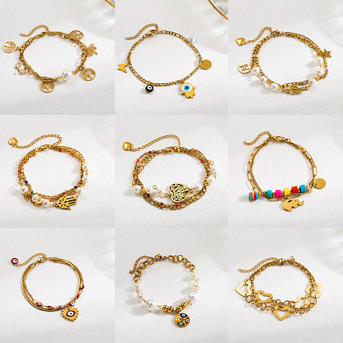 Bracelets plaqués or 24 carats en forme de cœur et de palmier en forme de cœur et d'émail de style IG en acier inoxydable avec perles et fleurs