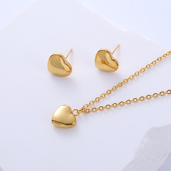 Estilo simples formato de coração polimento de aço inoxidável 18K banhado a ouro brincos colar conjunto de joias