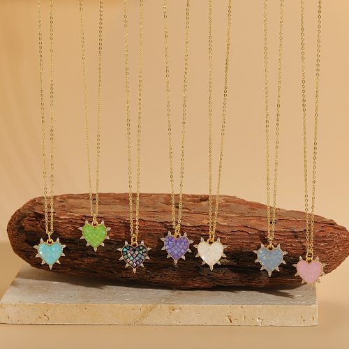 Cute Simple Style Commute Heart Shape Copper Enamel Plating Inlay Artificial Gemstones 14K Gold Plated Pendant Necklace