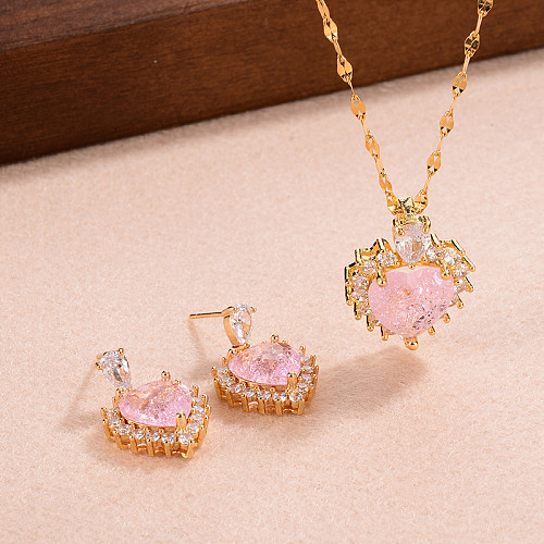 Conjunto de joias com colar de brincos banhados a ouro de zircônia em forma de coração doce estilo IG