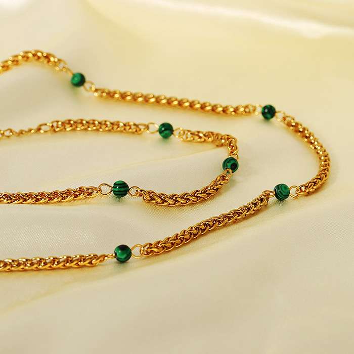Nordic Style British Style Solid Color Stainless Steel Malachite 18K Gold Plated Bracelets Necklace