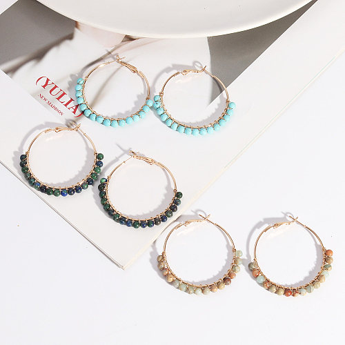 1 Pair Elegant Classic Style Artistic Round Plating Natural Stone Copper 18K Gold Plated Hoop Earrings